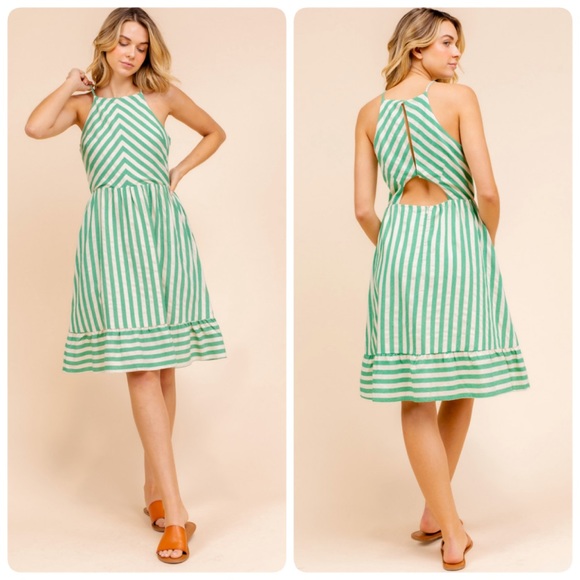 Green and White Striped Open Back Dress - Picture 2 of 7